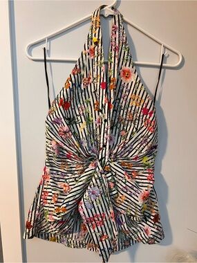 Zara Woman Black & White Striped Floral Top with Pink, Yellow & Green Accents